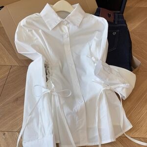 White Side Lace Up Cinched Waist Shirt